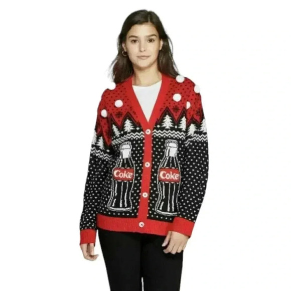 Coca Cola Ugly Christmas Cardigan Sweater Coke Polar Bears Red Black Size Small - Picture 1 of 11